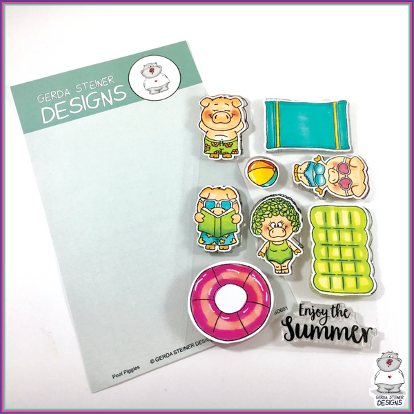 Gerda Steiner Designs Pool Piggies 4x6 Clear Stamp Set - Stamps - Gerda Steiner Designs, LLC - Orchids and Hummingbirds Designs, LLC