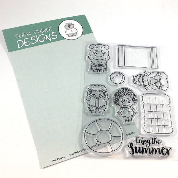 Gerda Steiner Designs Pool Piggies 4x6 Clear Stamp Set - Stamps - Gerda Steiner Designs, LLC - Orchids and Hummingbirds Designs, LLC
