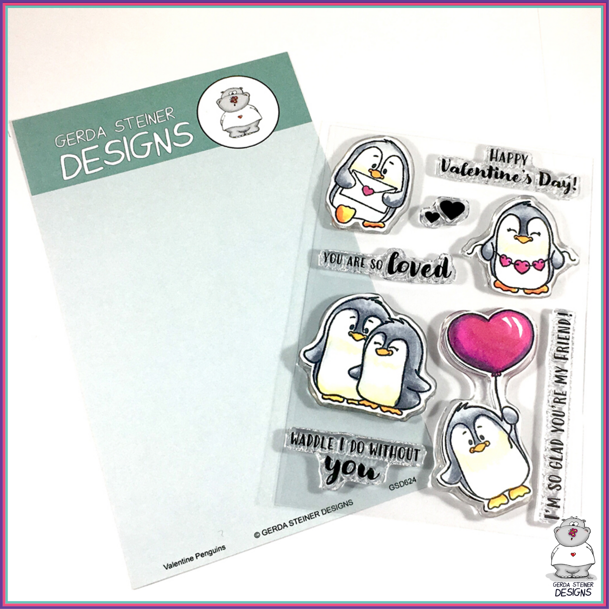 Gerda Steiner Designs Valentine Penguins 4x6 Clear Stamp Set - Stamps - Gerda Steiner Designs, LLC - Orchids and Hummingbirds Designs, LLC